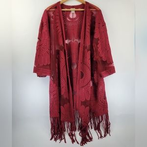 Chicos Womens Cardigan Size L/XL Floral Lace Open Front Crochet Fringe Hem